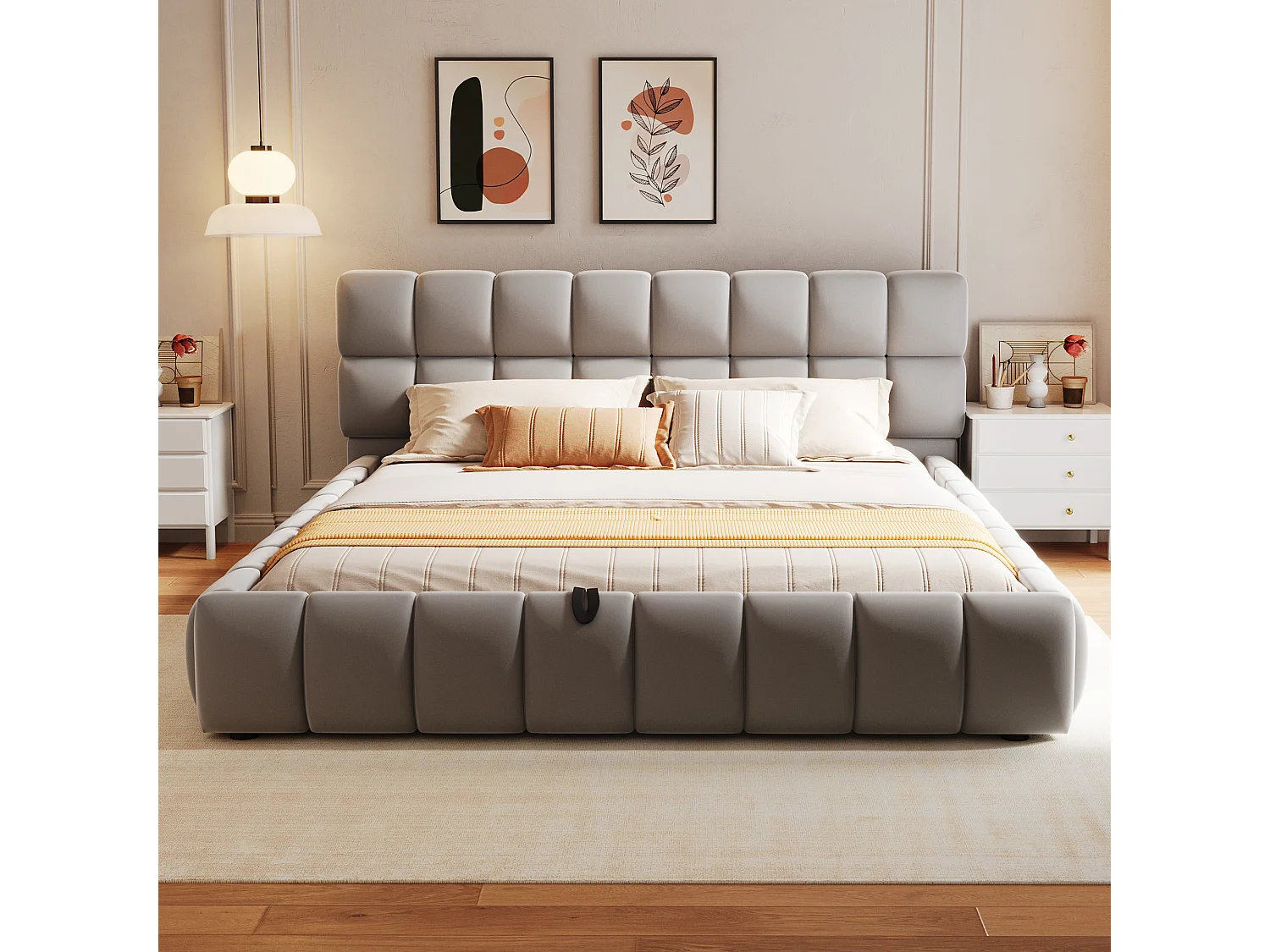 Lit coffre rembourré 140x200 cm - lit double - Velours - Gris (matelas non inclus)