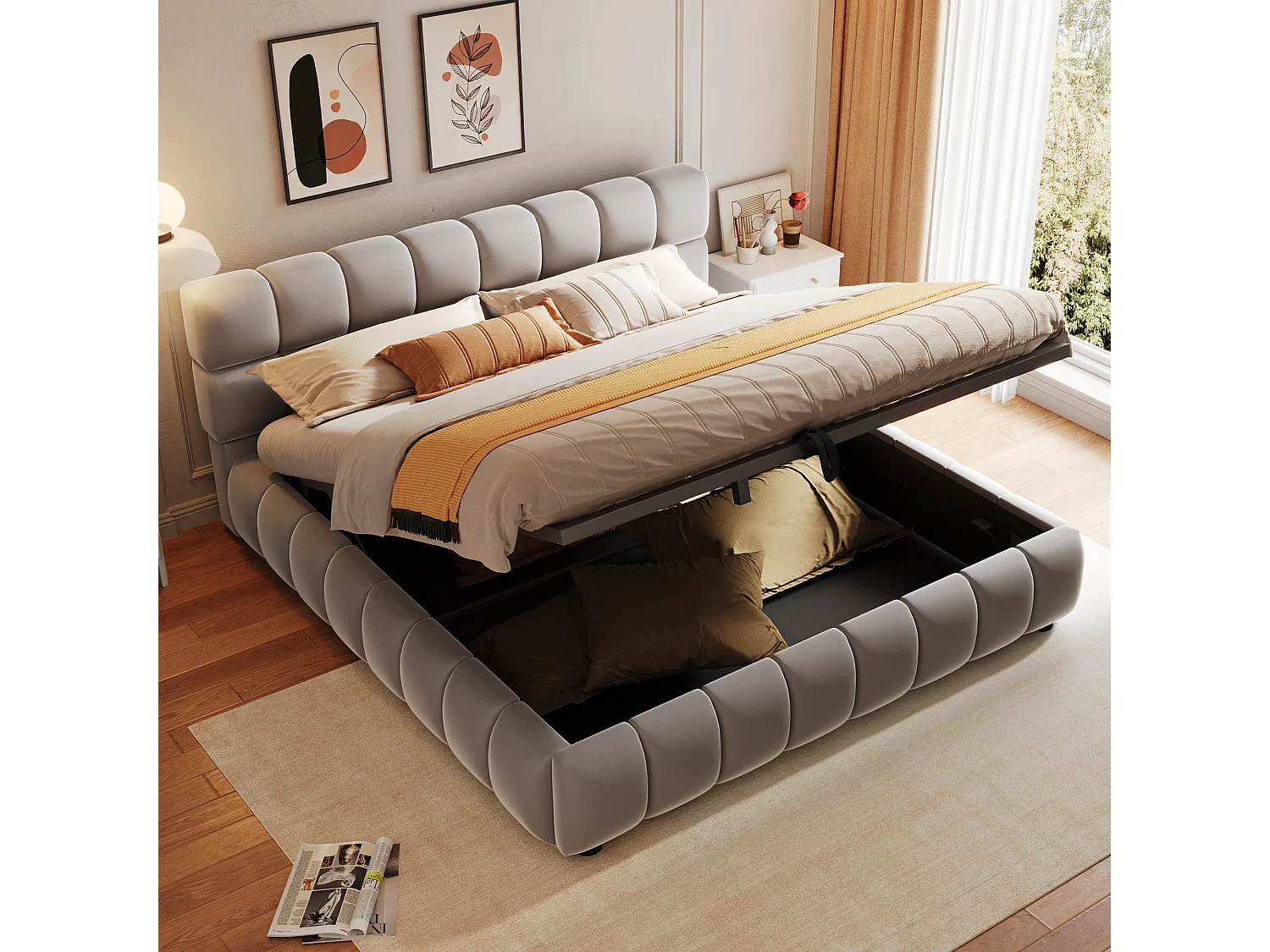 Lit coffre rembourré 140x200 cm - lit double - Velours - Gris (matelas non inclus)
