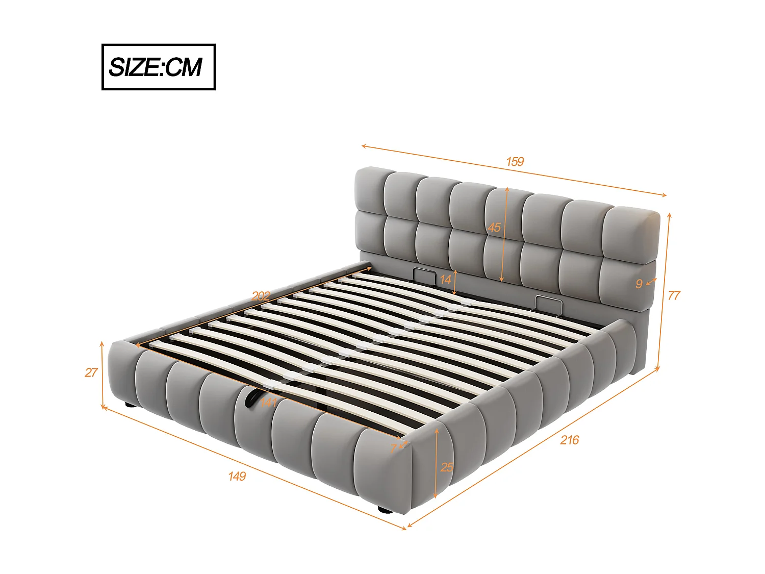 Lit coffre rembourré 140x200 cm - lit double - Velours - Gris (matelas non inclus)