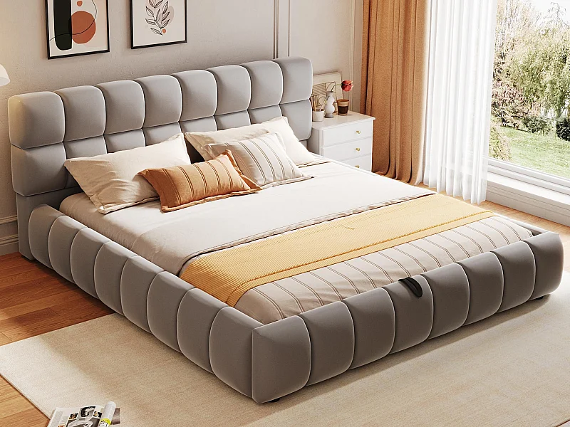 Lit coffre rembourré 140x200 cm - lit double - Velours - Gris (matelas non inclus)