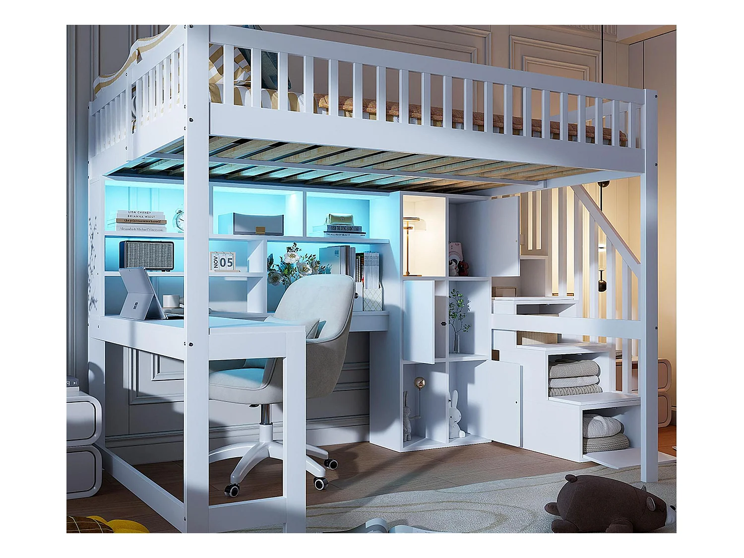 Hochbett-Kombination 140×200 cm - mit LED-Beleuchtung - Treppe mit Stauraum - mit Regalen - mit Schreibtisch - Weiß (Matratze nicht inbegriffen)