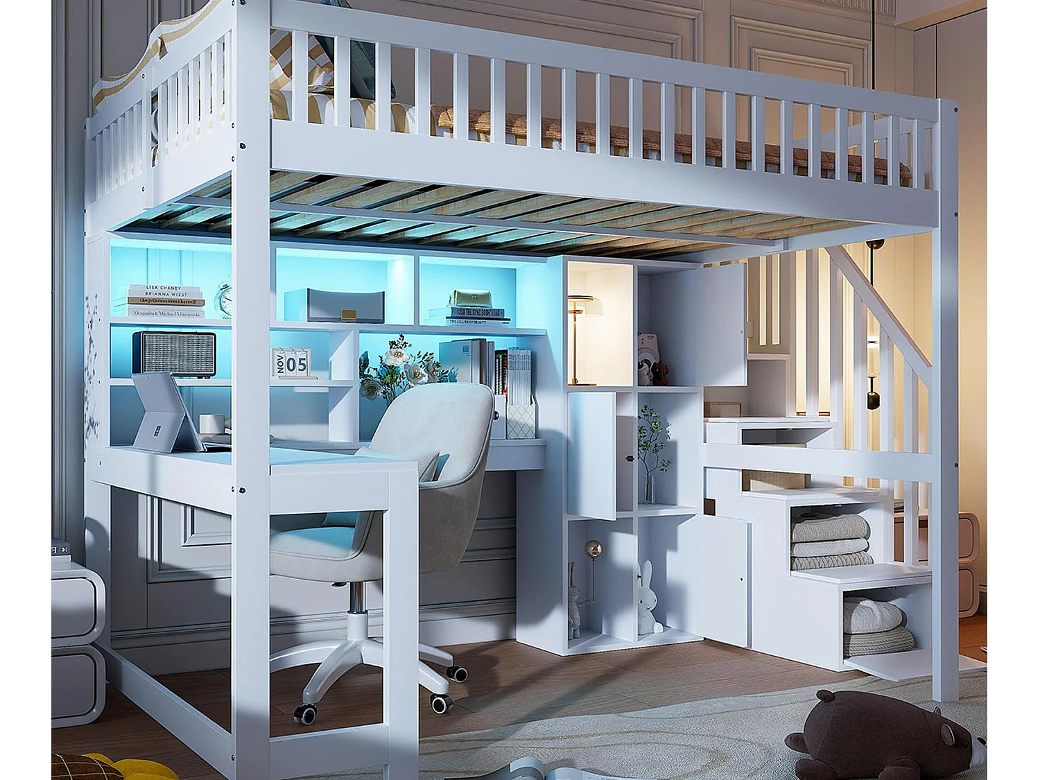 Hochbett-Kombination 140×200 cm - mit LED-Beleuchtung - Treppe mit Stauraum - mit Regalen - mit Schreibtisch - Weiß (Matratze nicht inbegriffen)