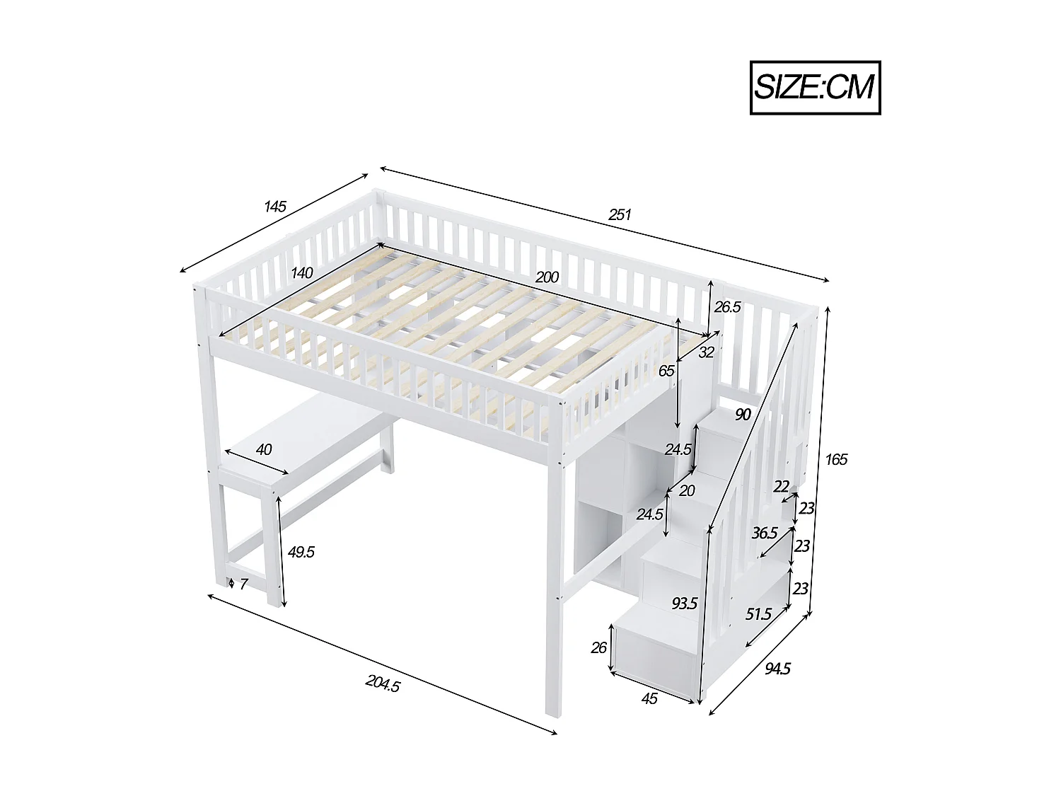 Hochbett-Kombination 140×200 cm - mit LED-Beleuchtung - Treppe mit Stauraum - mit Regalen - mit Schreibtisch - Weiß (Matratze nicht inbegriffen)