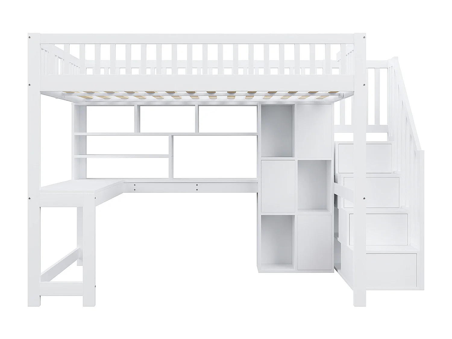 Hochbett-Kombination 140×200 cm - mit LED-Beleuchtung - Treppe mit Stauraum - mit Regalen - mit Schreibtisch - Weiß (Matratze nicht inbegriffen)