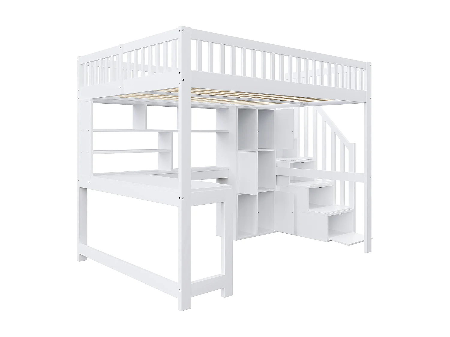 Hochbett-Kombination 140×200 cm - mit LED-Beleuchtung - Treppe mit Stauraum - mit Regalen - mit Schreibtisch - Weiß (Matratze nicht inbegriffen)