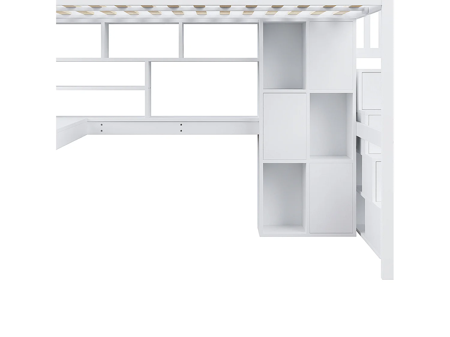 Hochbett-Kombination 140×200 cm - mit LED-Beleuchtung - Treppe mit Stauraum - mit Regalen - mit Schreibtisch - Weiß (Matratze nicht inbegriffen)