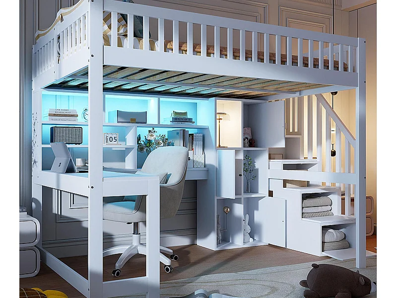 Hochbett-Kombination 140×200 cm - mit LED-Beleuchtung - Treppe mit Stauraum - mit Regalen - mit Schreibtisch - Weiß (Matratze nicht inbegriffen)
