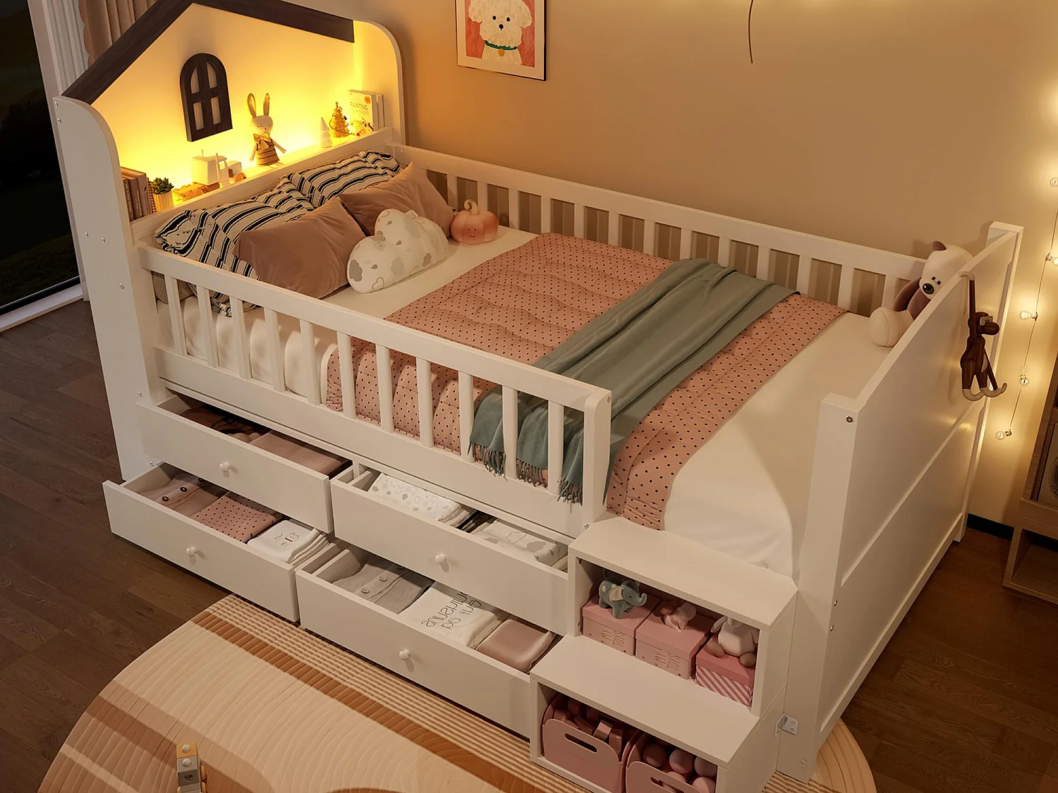 Lit enfant 90x200cm - 4 tiroirs - Bande lumineuse LED - Avec échelle de rangement - Blanc (matelas non inclus)