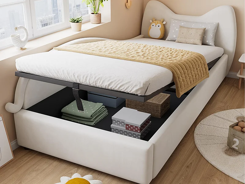 Kinder-Stauraumbett 90×200 cm - Katzenohr-Kopfteil - linke Schutzseite - mit Lattenrost - Samt + Sperrholz - Beige