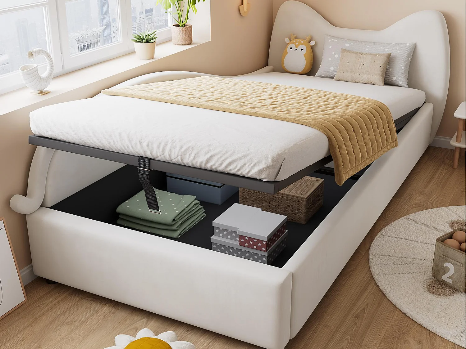 Lit coffre pour enfants 90x200cm - tête de lit en forme de chat - clôture de gauche - avec sommier à lattes - velours + contreplaqué - Beige