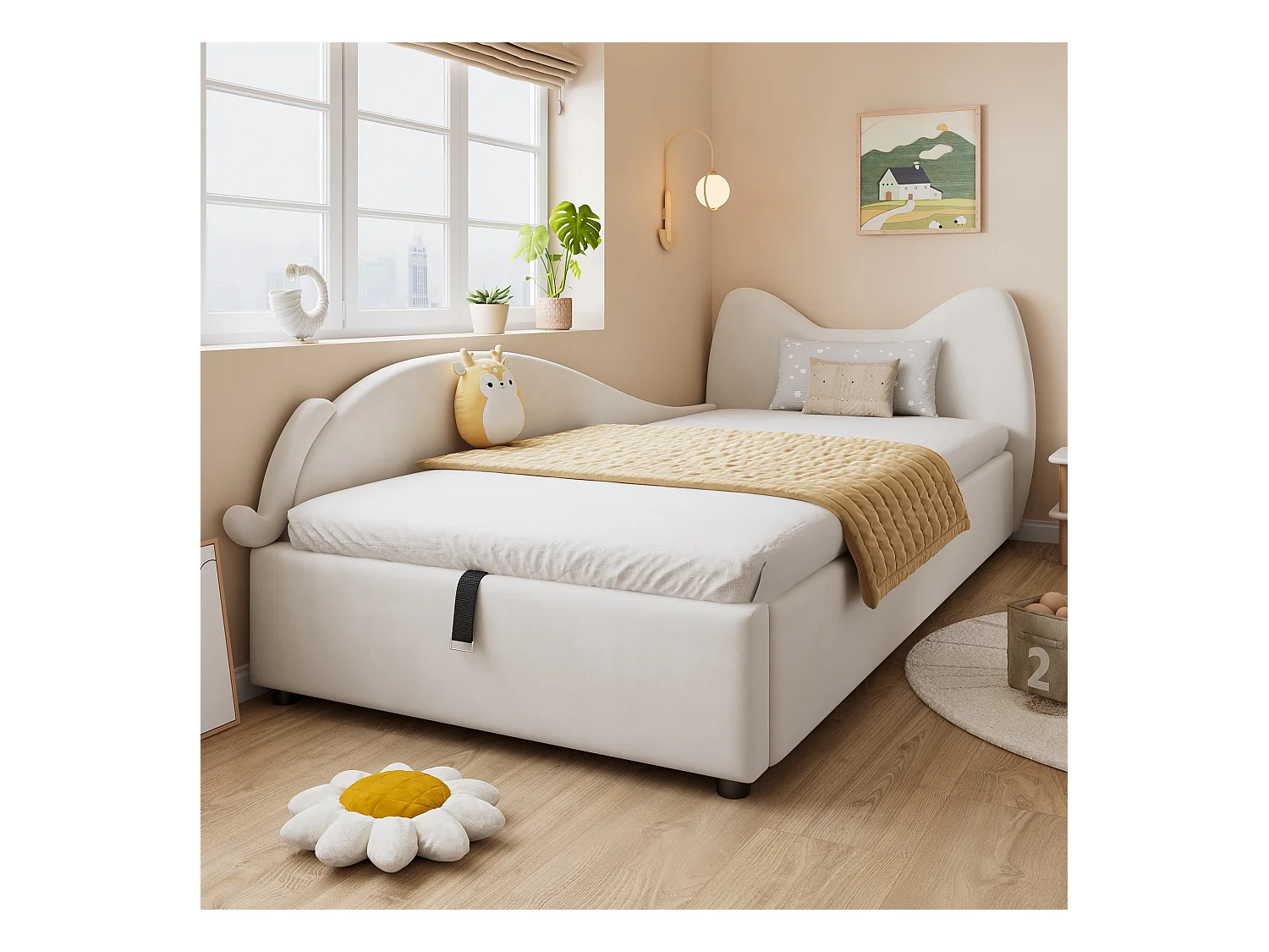 Lit coffre pour enfants 90x200cm - tête de lit en forme de chat - clôture de gauche - avec sommier à lattes - velours + contreplaqué - Beige