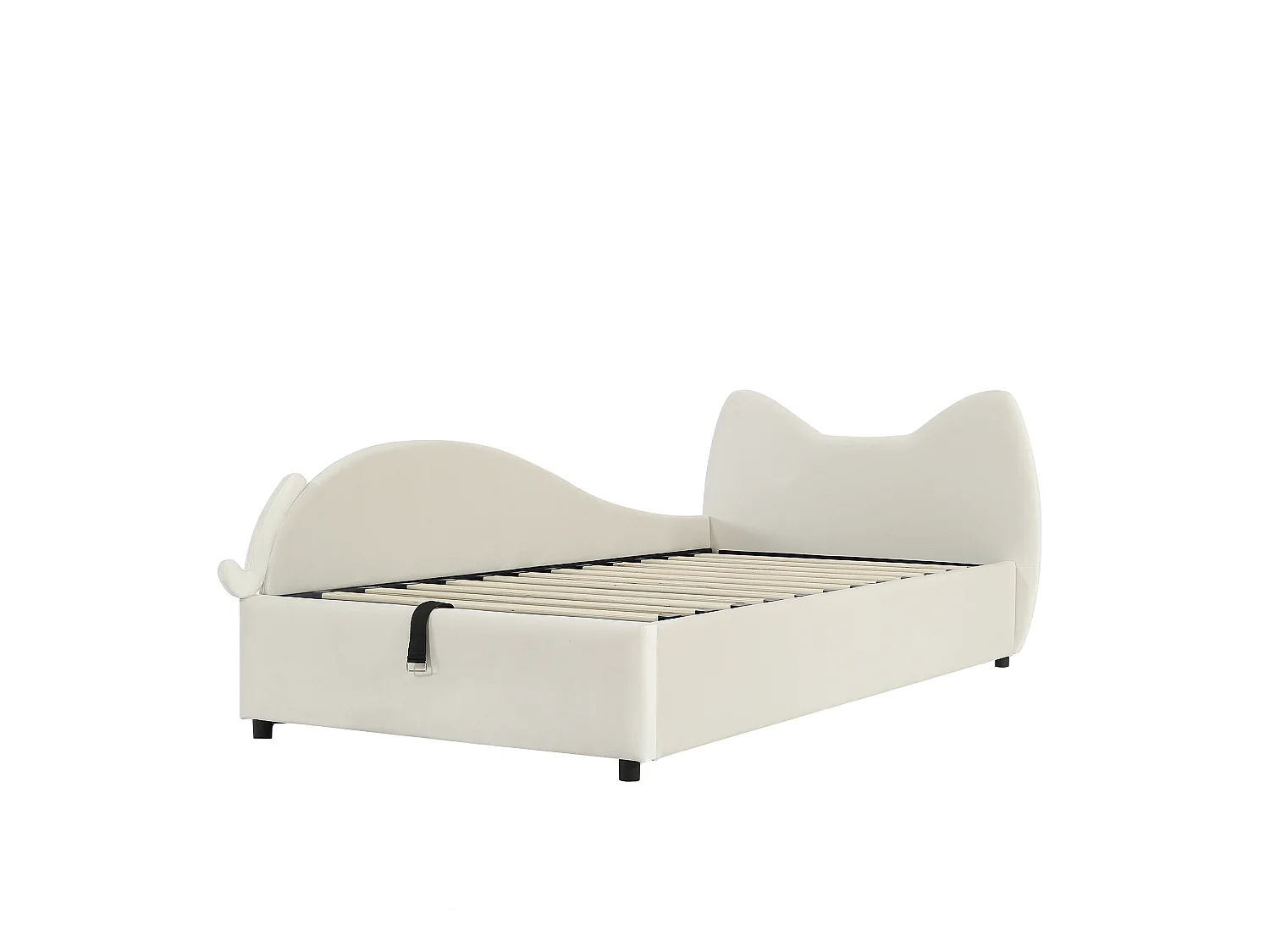 Lit coffre pour enfants 90x200cm - tête de lit en forme de chat - clôture de gauche - avec sommier à lattes - velours + contreplaqué - Beige