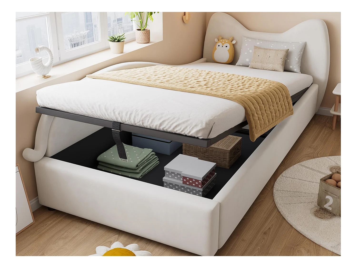 Kinderopbergbed 90×200 cm - kattenoren hoofdeinde - linker zijkant - met lattenbodem - fluweel + triplex - Beige