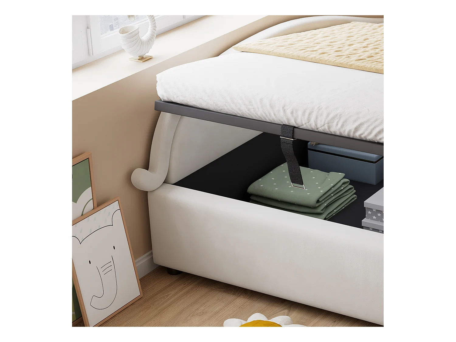 Lit coffre pour enfants 90x200cm - tête de lit en forme de chat - clôture de gauche - avec sommier à lattes - velours + contreplaqué - Beige