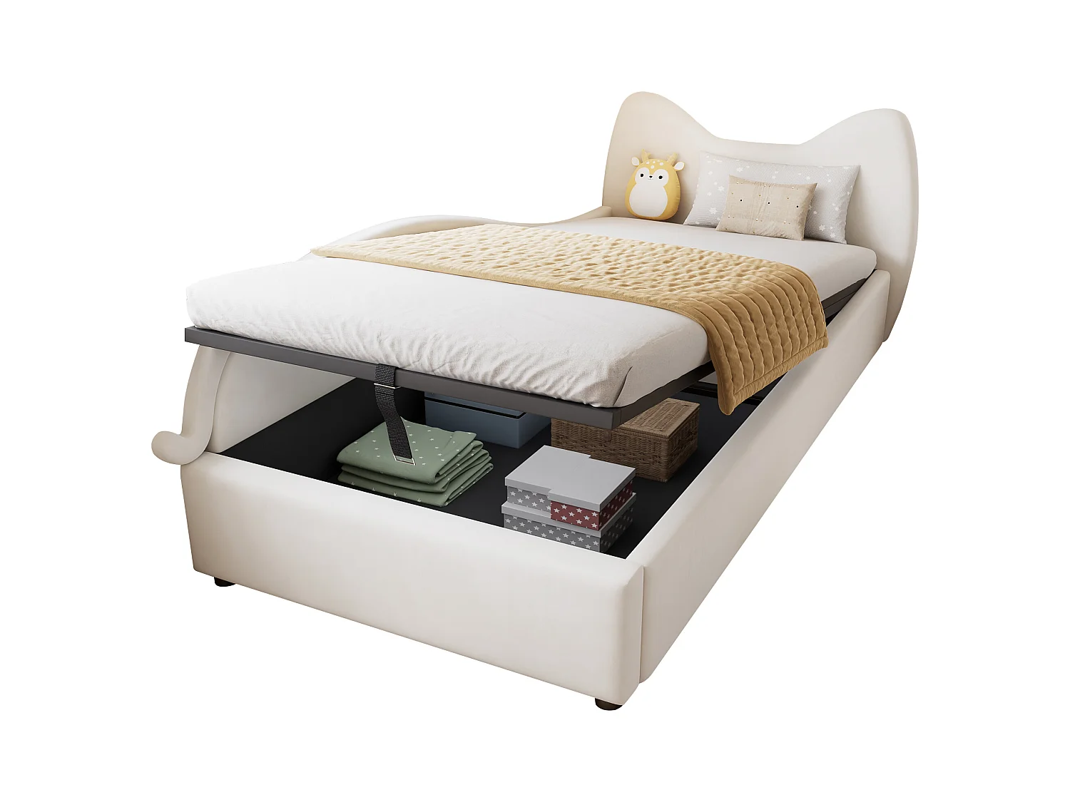 Lit coffre pour enfants 90x200cm - tête de lit en forme de chat - clôture de gauche - avec sommier à lattes - velours + contreplaqué - Beige