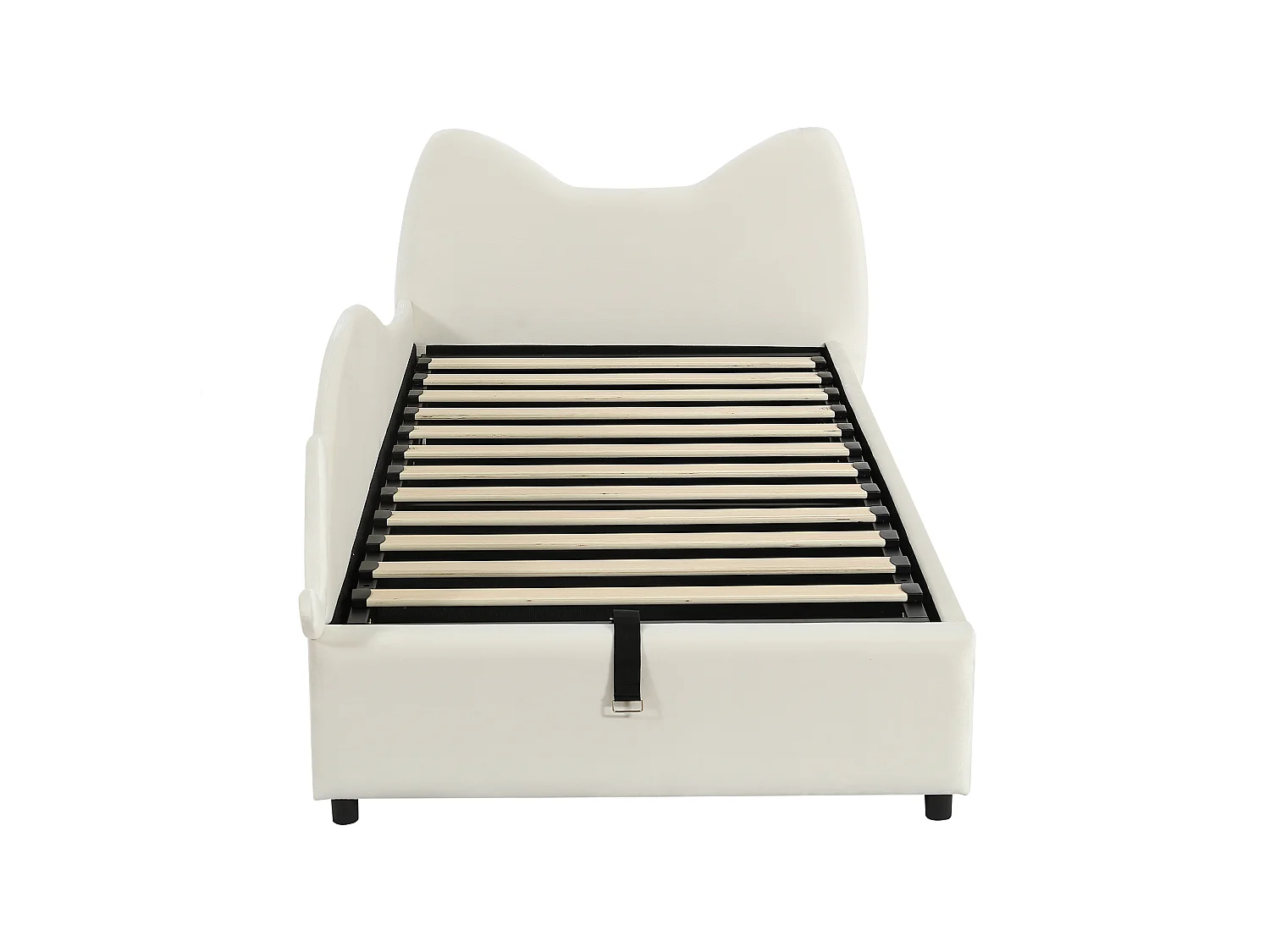 Lit coffre pour enfants 90x200cm - tête de lit en forme de chat - clôture de gauche - avec sommier à lattes - velours + contreplaqué - Beige