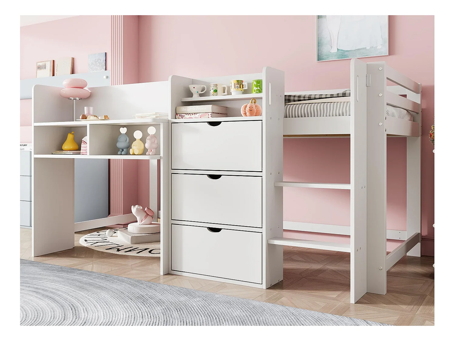 Lit enfant 90x200 cm - avec rangements - avec petite échelle - blanc (matelas non inclus)