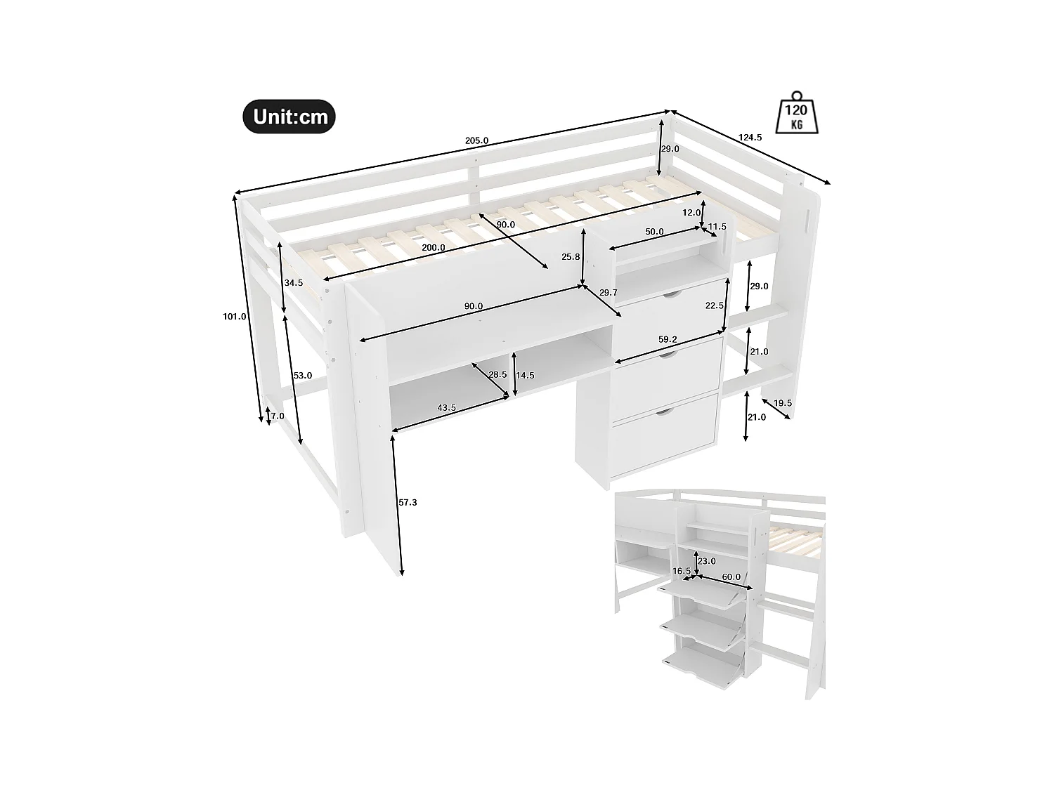 Lit enfant 90x200 cm - avec rangements - avec petite échelle - blanc (matelas non inclus)