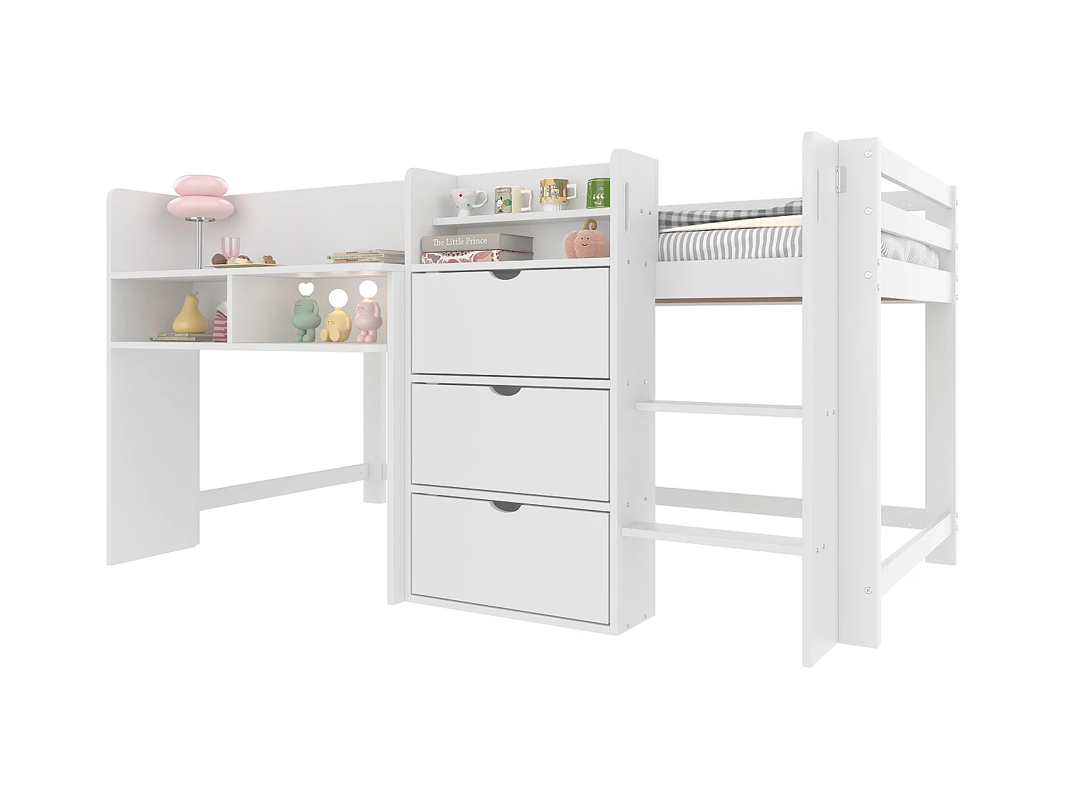 Lit enfant 90x200 cm - avec rangements - avec petite échelle - blanc (matelas non inclus)