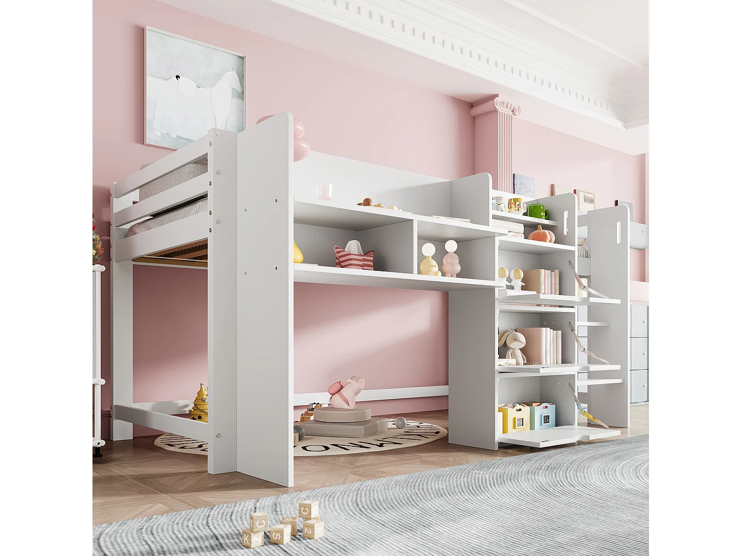 Lit enfant 90x200 cm - avec rangements - avec petite échelle - blanc (matelas non inclus)