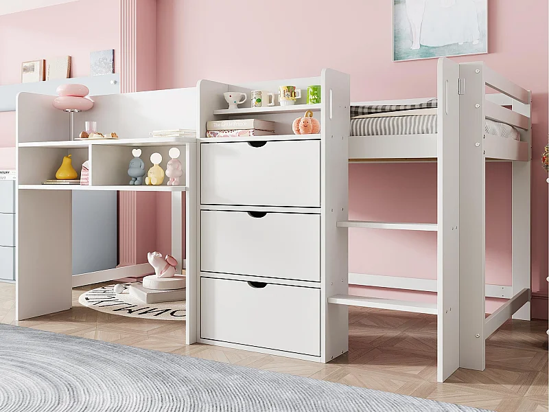 Lit enfant 90x200 cm - avec rangements - avec petite échelle - blanc (matelas non inclus)