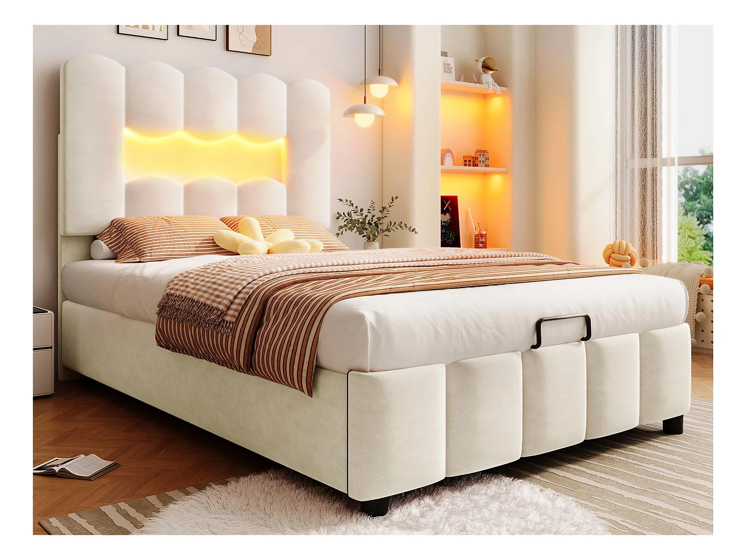 Lit coffre capitonné 90 x 200 cm - avec éclairage LED - tête de lit réglable - velours - beige (matelas non inclus)
