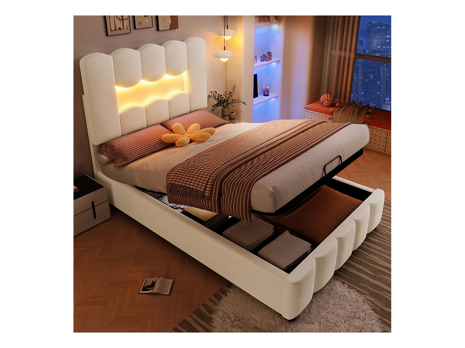 Lit coffre capitonné 90 x 200 cm - avec éclairage LED - tête de lit réglable - velours - beige (matelas non inclus)