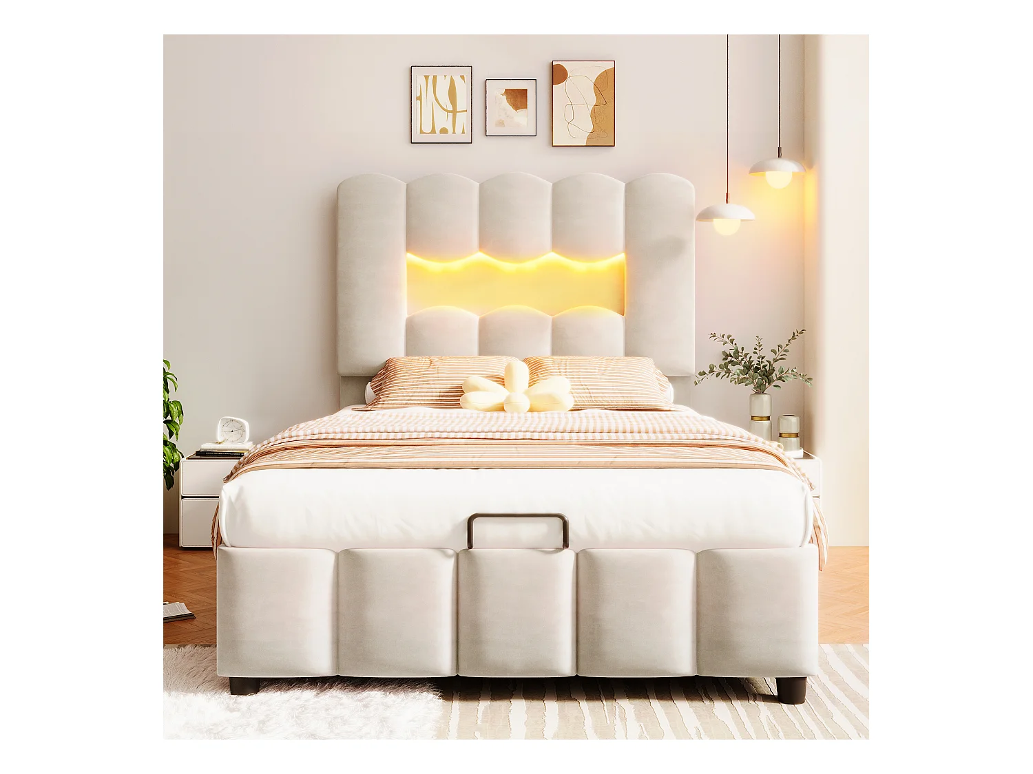 Lit coffre capitonné 90 x 200 cm - avec éclairage LED - tête de lit réglable - velours - beige (matelas non inclus)