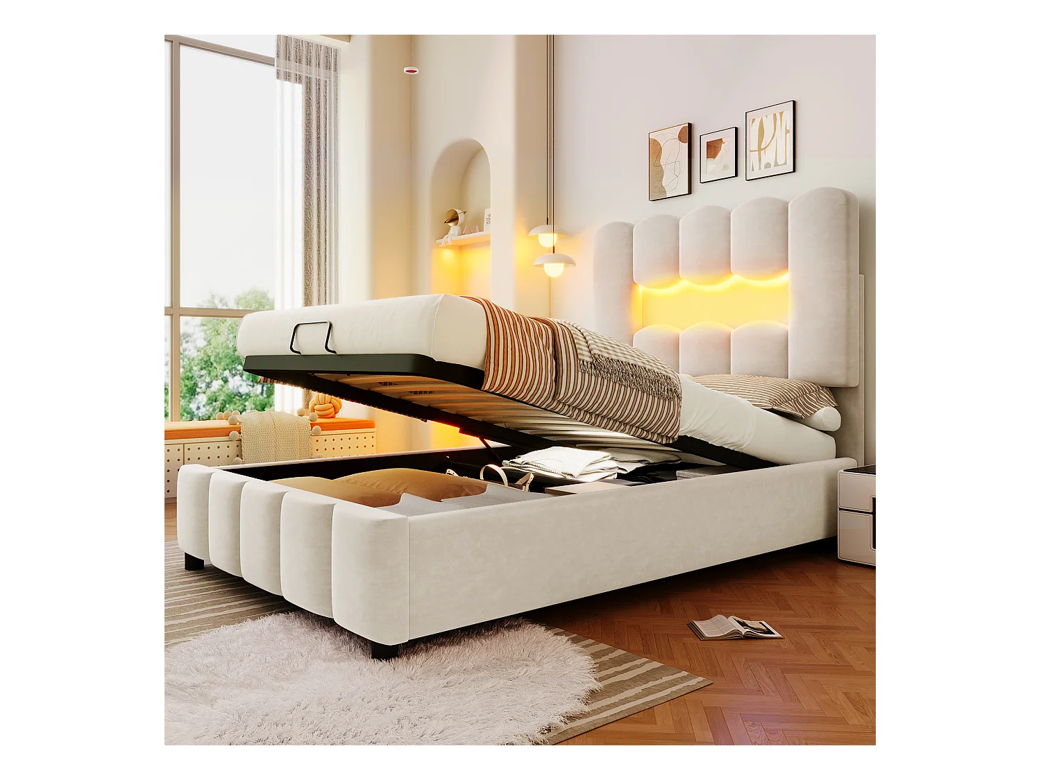 Lit coffre capitonné 90 x 200 cm - avec éclairage LED - tête de lit réglable - velours - beige (matelas non inclus)