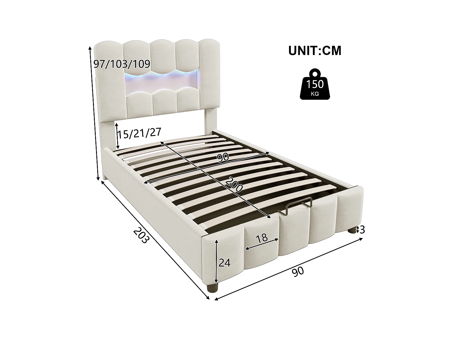 Lit coffre capitonné 90 x 200 cm - avec éclairage LED - tête de lit réglable - velours - beige (matelas non inclus)