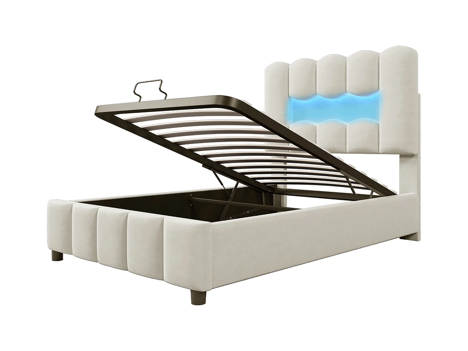 Lit coffre capitonné 90 x 200 cm - avec éclairage LED - tête de lit réglable - velours - beige (matelas non inclus)