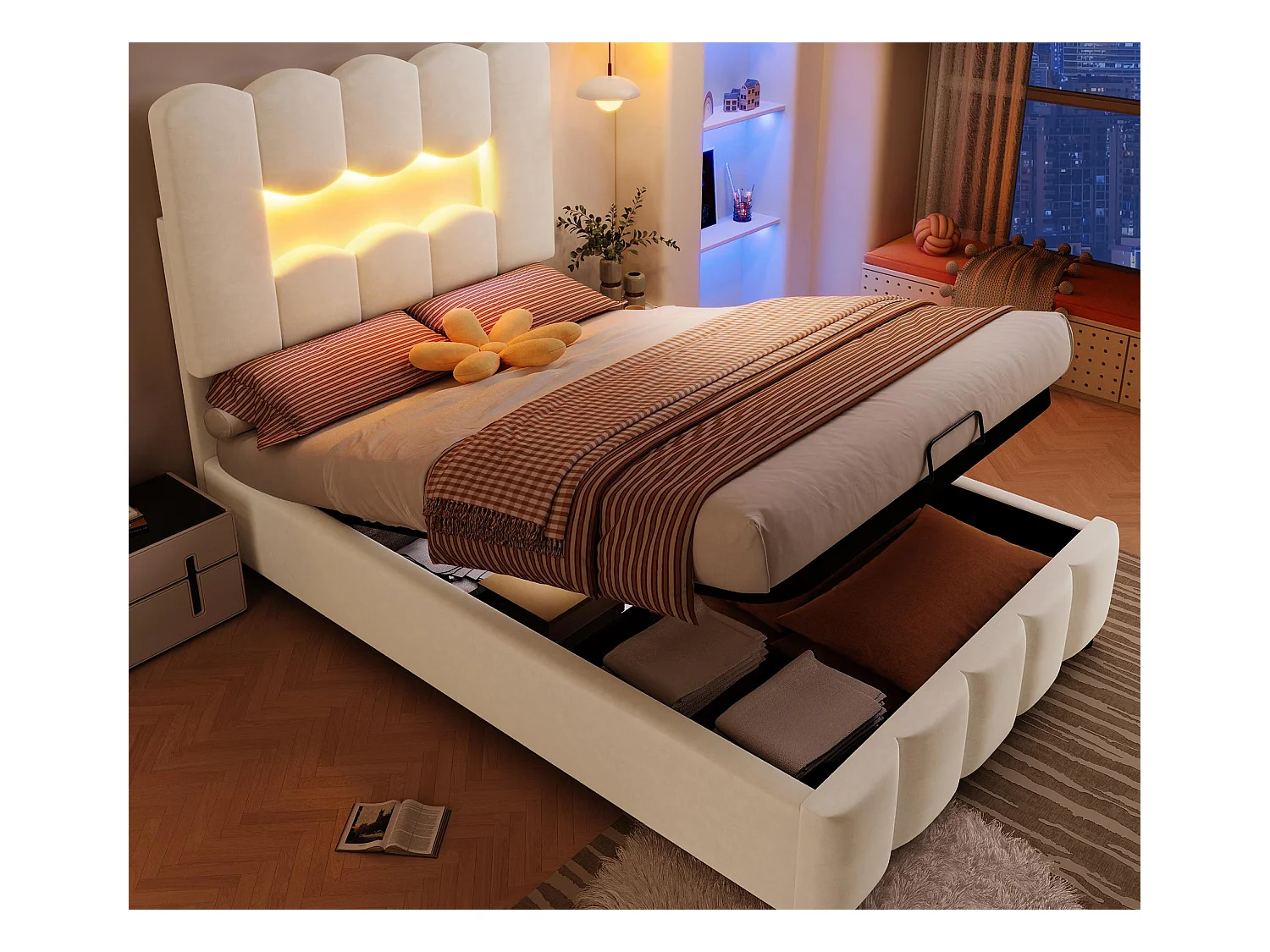 Lit coffre capitonné 90 x 200 cm - avec éclairage LED - tête de lit réglable - velours - beige (matelas non inclus)
