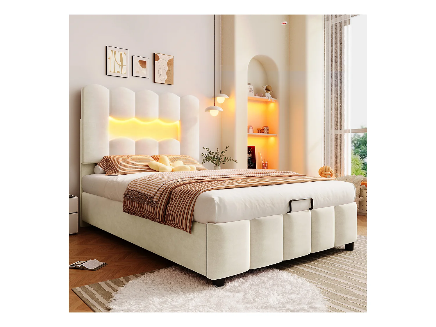 Lit coffre capitonné 90 x 200 cm - avec éclairage LED - tête de lit réglable - velours - beige (matelas non inclus)