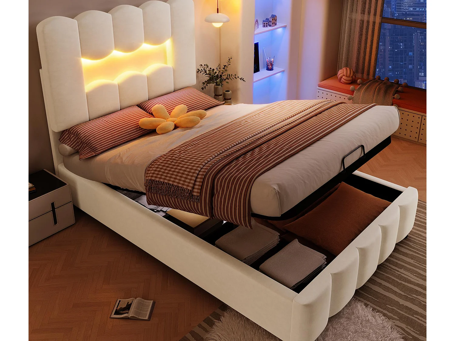 Gepolstertes Bett mit Stauraum 90×200 cm - mit LED-Beleuchtung - verstellbares Kopfteil - Samt - beige (Matratze nicht inbegriffen)