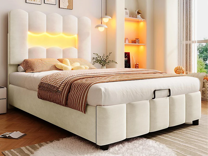 Cama estofada com armazenamento 90×200 cm - com iluminação LED - cabeceira ajustável - veludo - bege (colchão não incluído)
