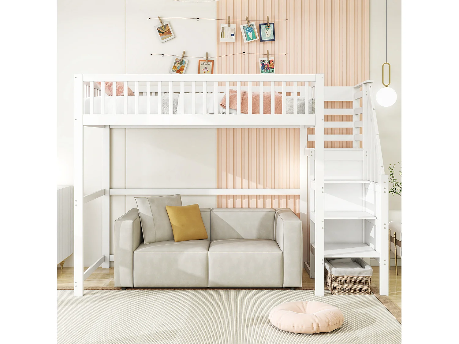 Cama alta infantil - 90 x 200 - con escalera + armario - madera + MDF - blanco