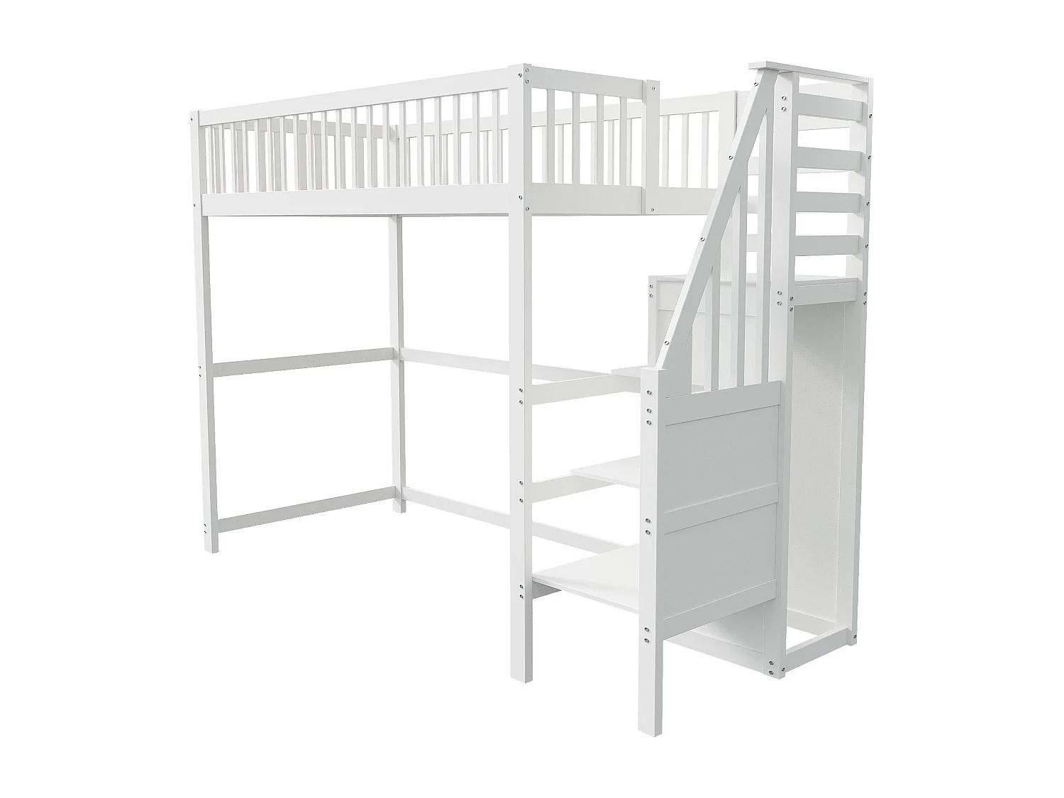 Cama alta infantil - 90 x 200 - con escalera + armario - madera + MDF - blanco