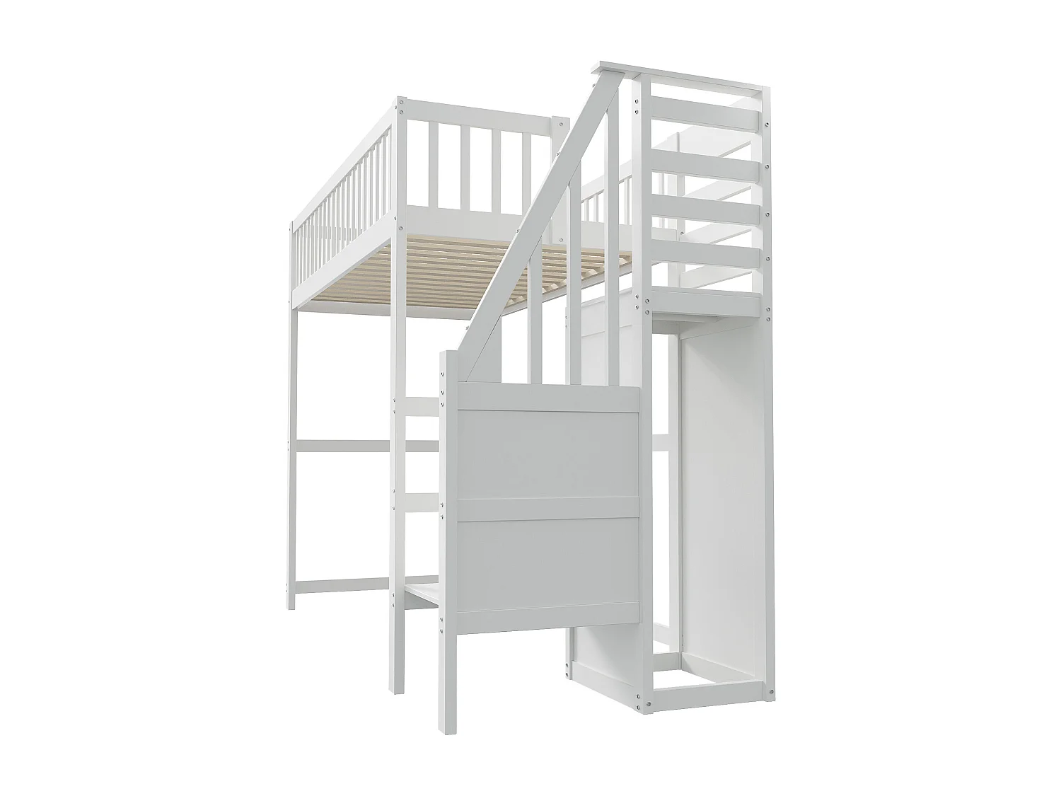 Cama alta infantil - 90 x 200 - con escalera + armario - madera + MDF - blanco