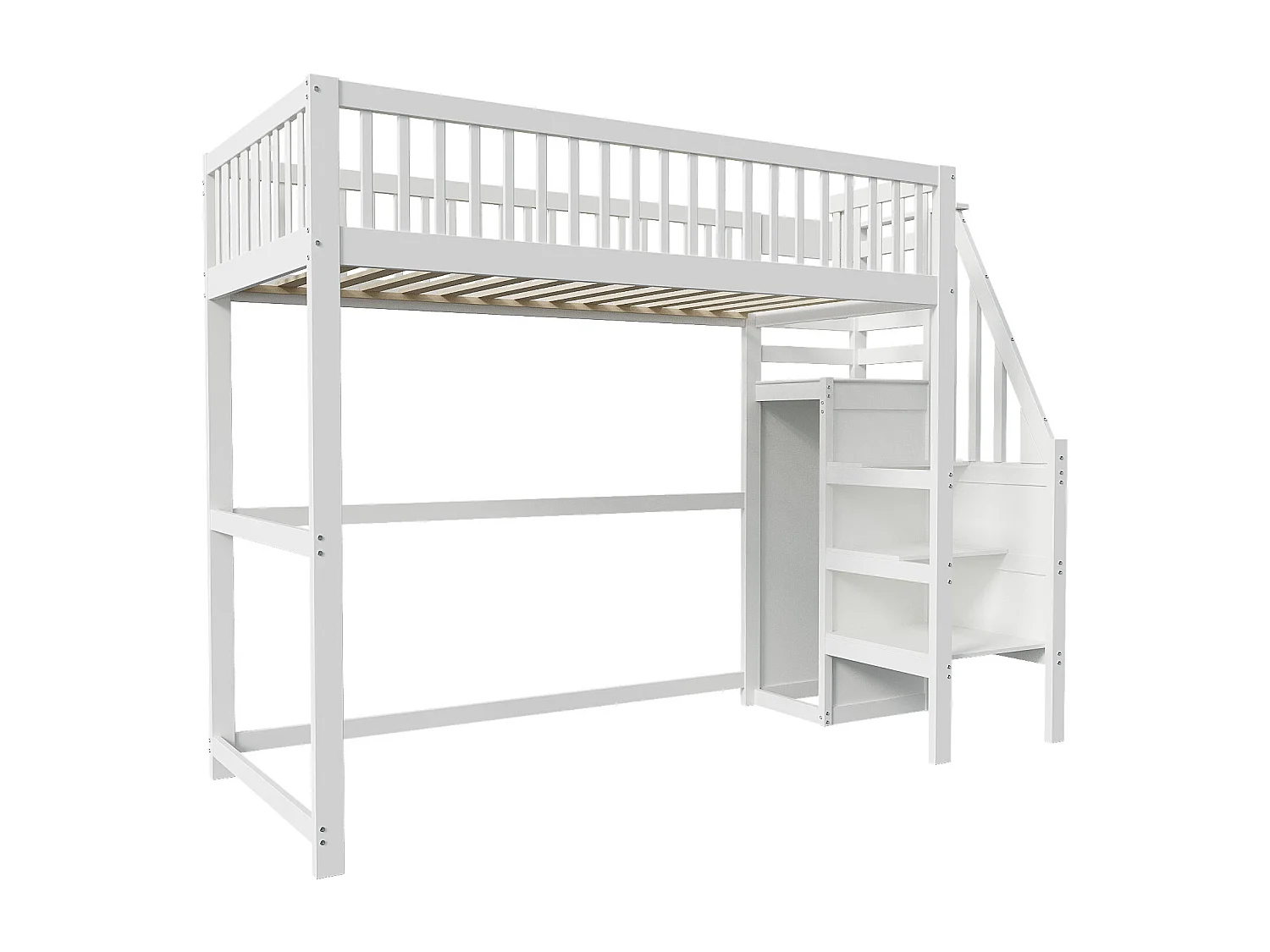 Cama alta infantil - 90 x 200 - con escalera + armario - madera + MDF - blanco
