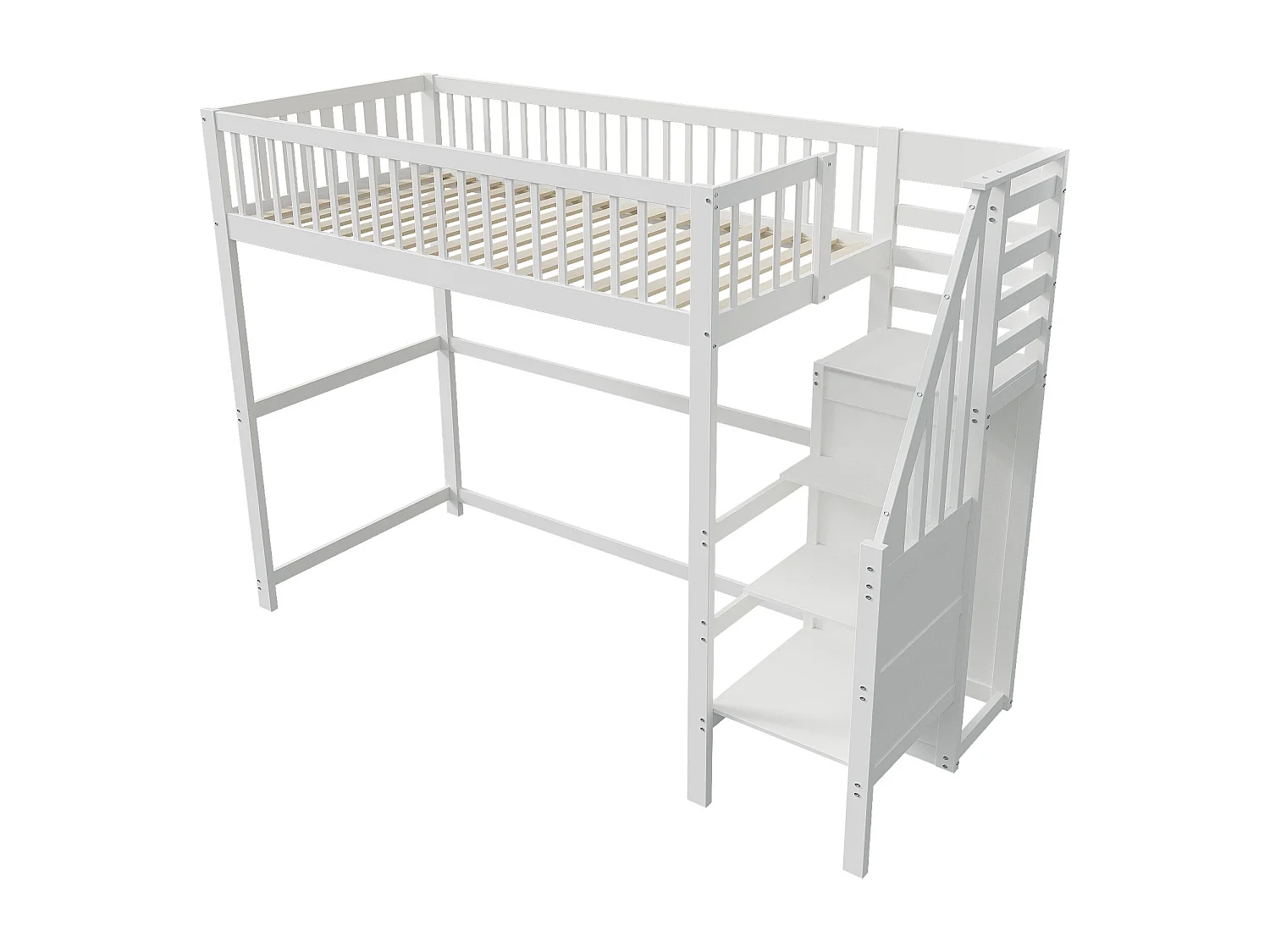 Cama alta infantil - 90 x 200 - con escalera + armario - madera + MDF - blanco