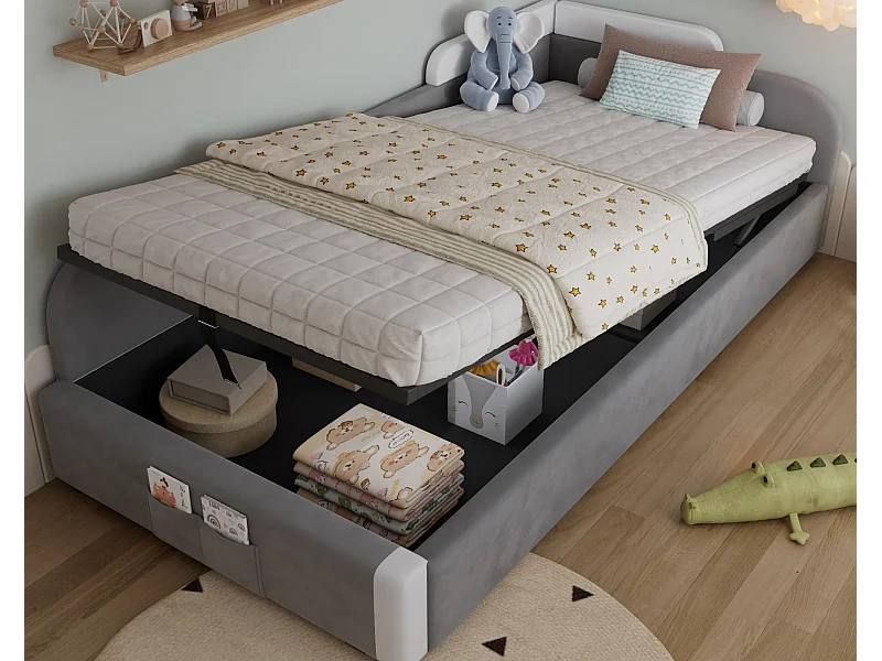 Lit coffre pour enfants 90x200cm - avec sac de rangement - clôture de gauche - avec sommier à lattes - velours + contreplaqué - Gris