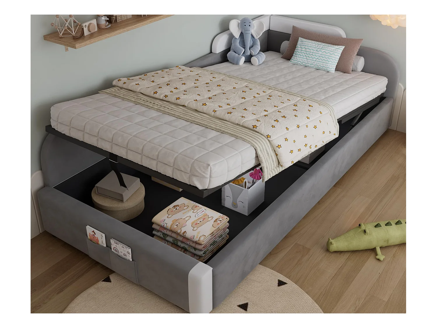 Lit coffre pour enfants 90x200cm - avec sac de rangement - clôture de gauche - avec sommier à lattes - velours + contreplaqué - Gris