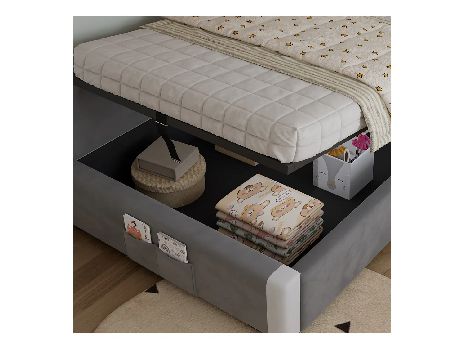 Lit coffre pour enfants 90x200cm - avec sac de rangement - clôture de gauche - avec sommier à lattes - velours + contreplaqué - Gris