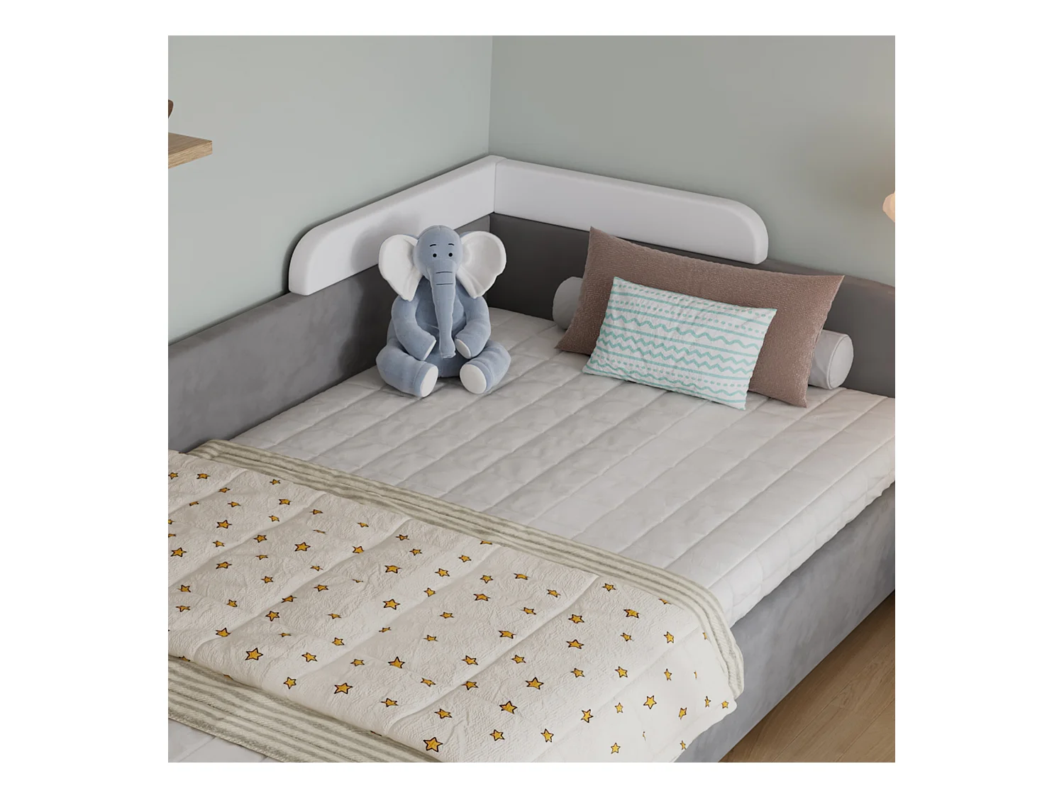 Lit coffre pour enfants 90x200cm - avec sac de rangement - clôture de gauche - avec sommier à lattes - velours + contreplaqué - Gris