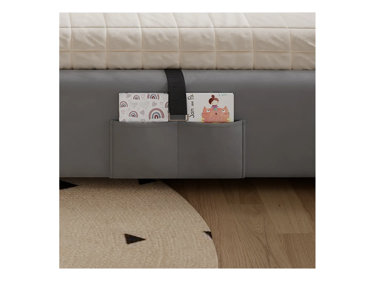 Lit coffre pour enfants 90x200cm - avec sac de rangement - clôture de gauche - avec sommier à lattes - velours + contreplaqué - Gris