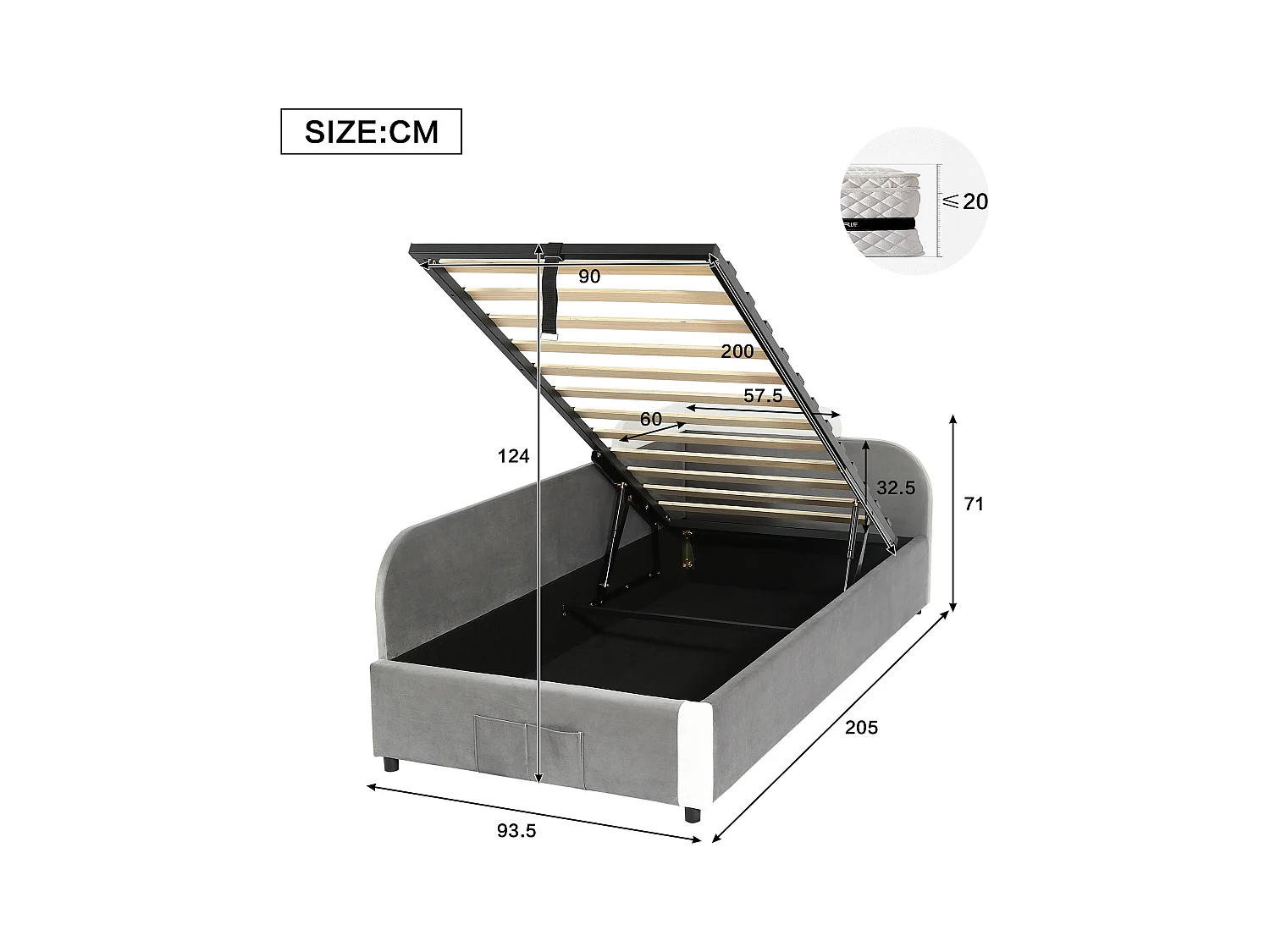 Lit coffre pour enfants 90x200cm - avec sac de rangement - clôture de gauche - avec sommier à lattes - velours + contreplaqué - Gris