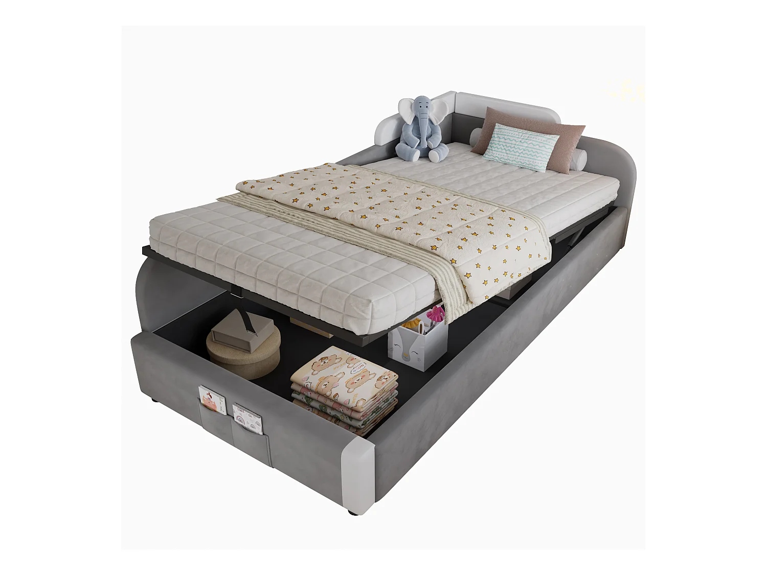 Lit coffre pour enfants 90x200cm - avec sac de rangement - clôture de gauche - avec sommier à lattes - velours + contreplaqué - Gris