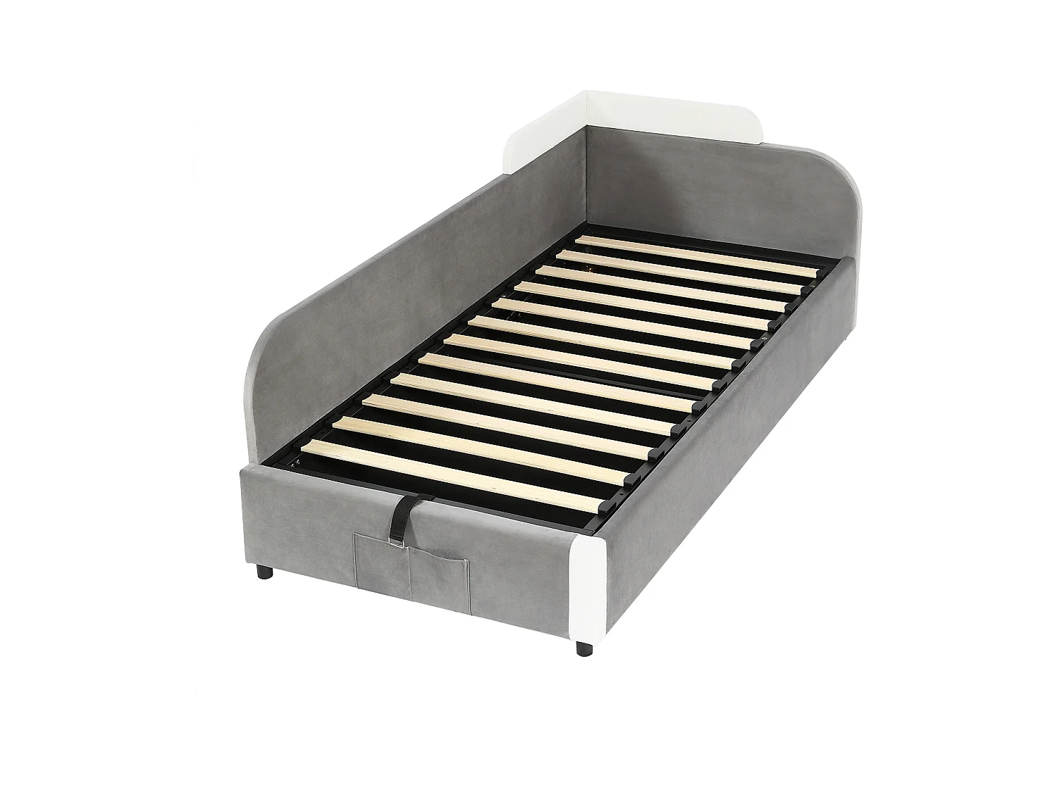 Lit coffre pour enfants 90x200cm - avec sac de rangement - clôture de gauche - avec sommier à lattes - velours + contreplaqué - Gris