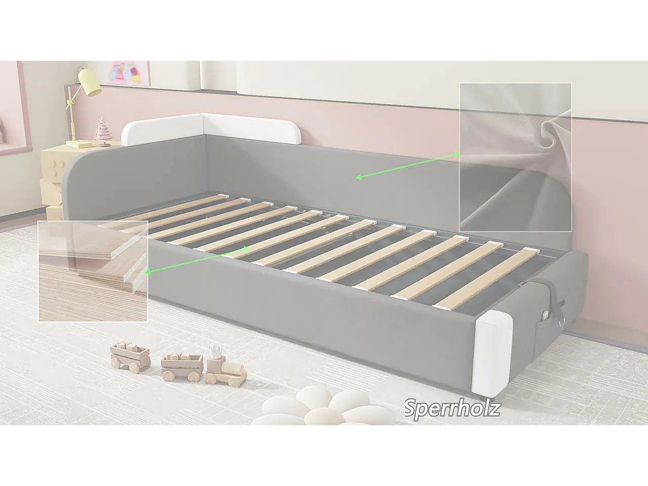 Lit coffre pour enfants 90x200cm - avec sac de rangement - clôture de gauche - avec sommier à lattes - velours + contreplaqué - Gris