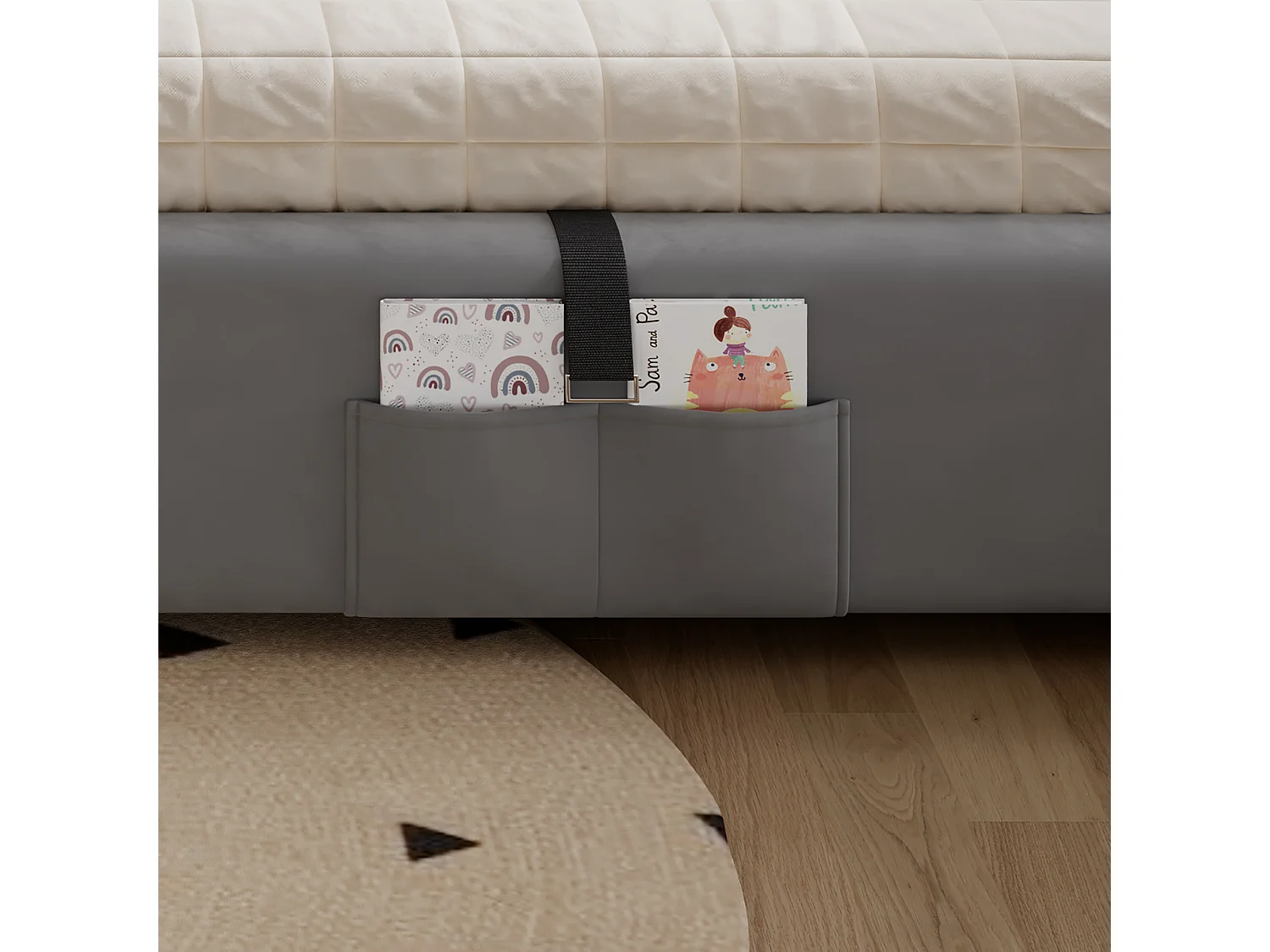 Lit coffre pour enfants 90x200cm - avec sac de rangement - clôture de gauche - avec sommier à lattes - velours + contreplaqué - Gris